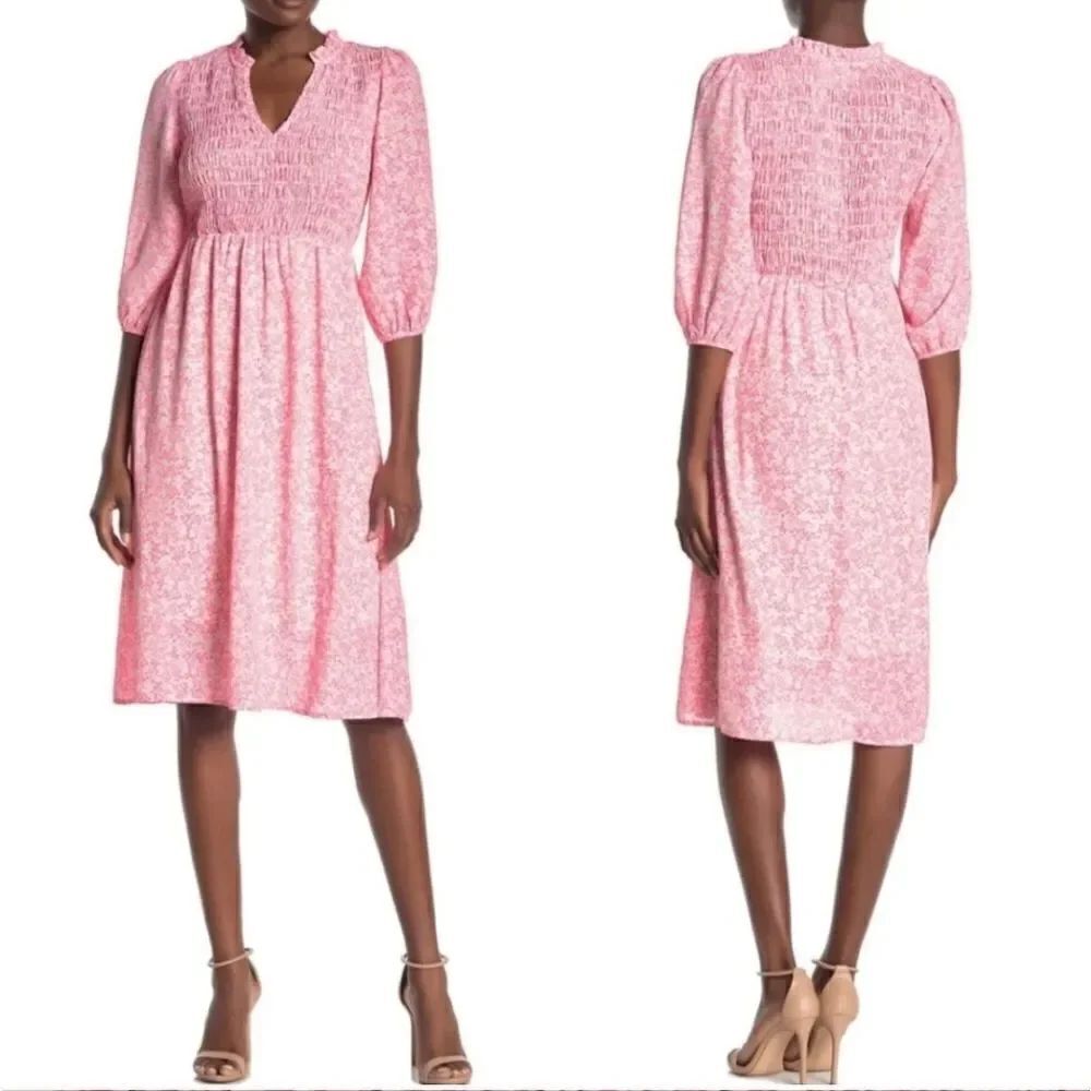 Superfoxx Smocked Midi Dress Floral Hot Pink Women’s Size Small